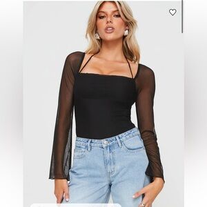 Princess Polly Black Liva Sheer Sleeve Bodysuit Black  Bodysuit
